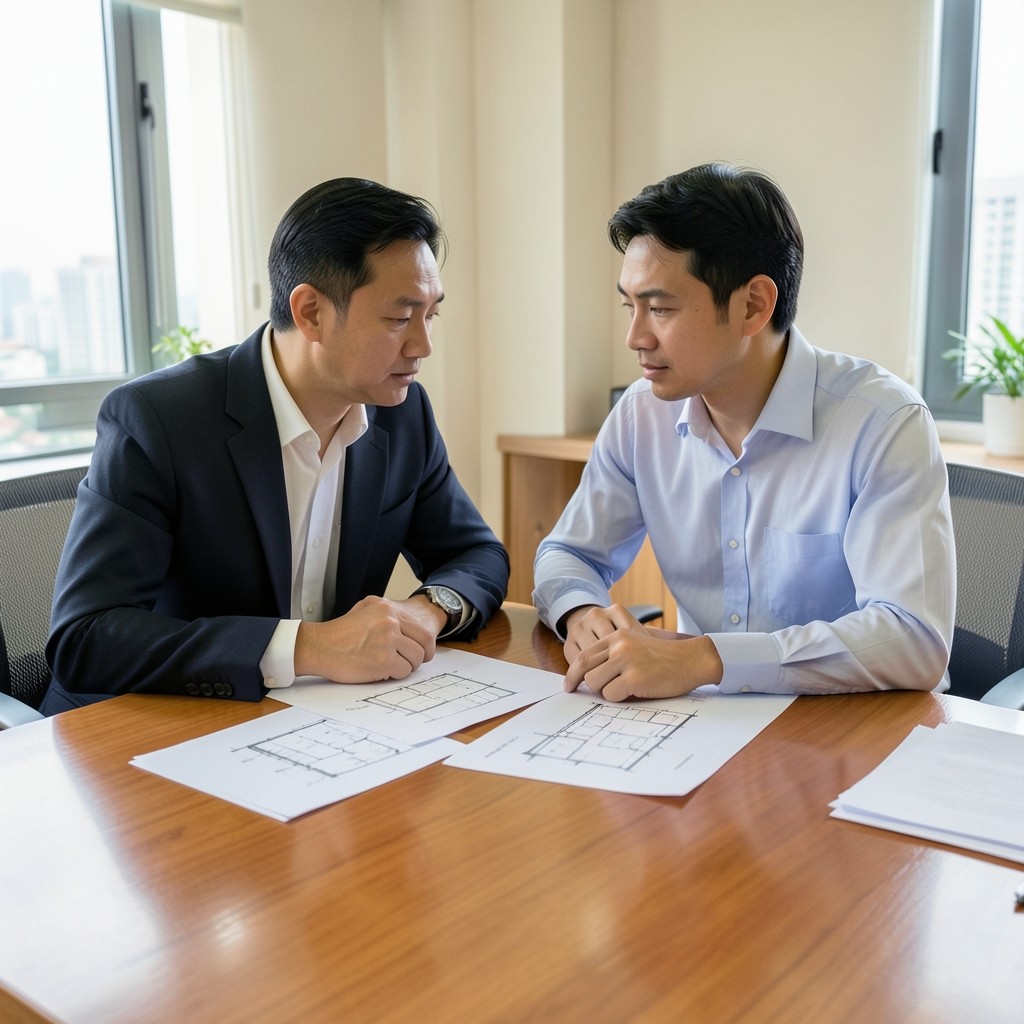 Two retail advisors reviewing printed category notes in a bright meeting room