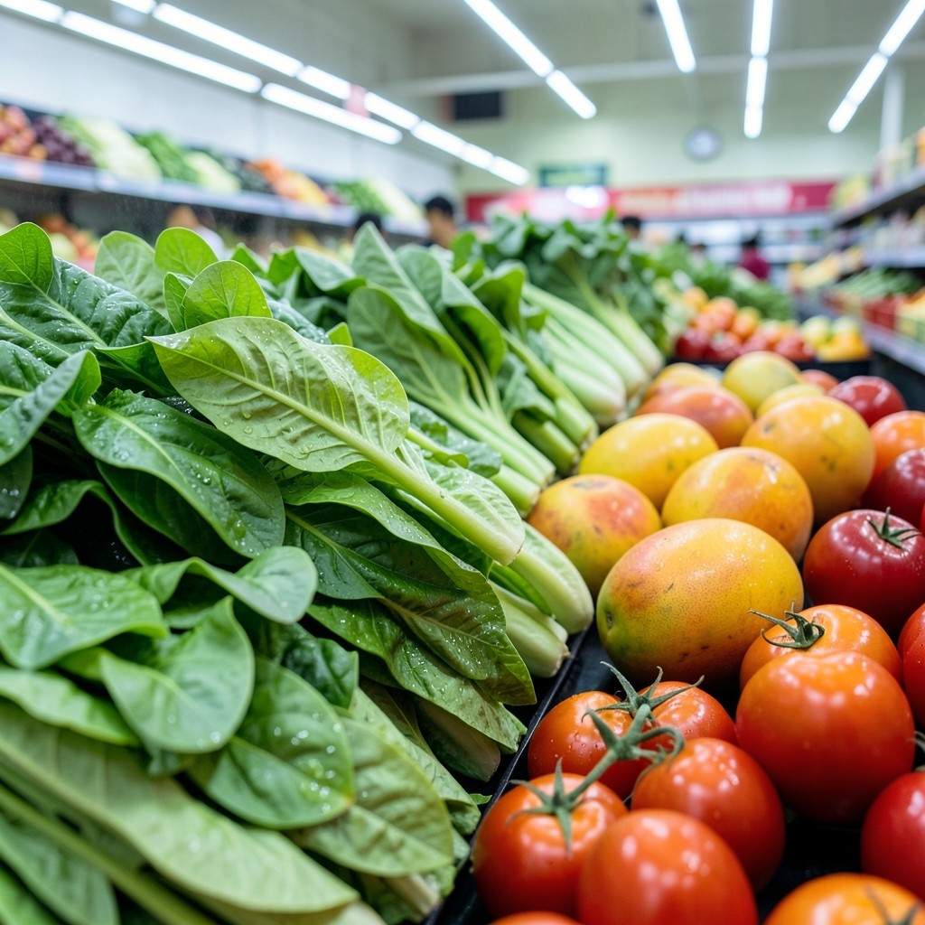 Fresh produce display with leafy greens and fruit in a supermarket