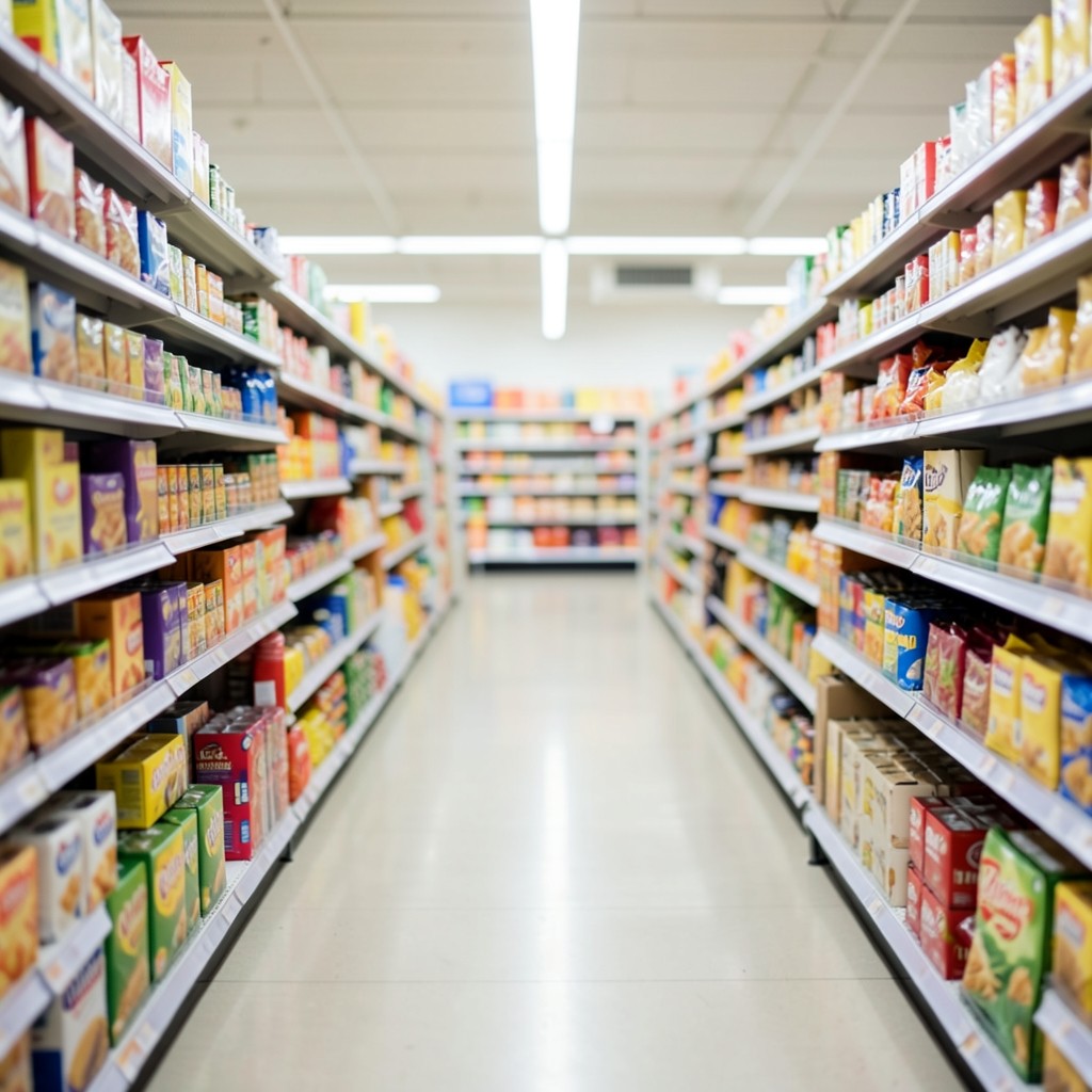 Supermarket aisle with grocery packaging viewed at eye level