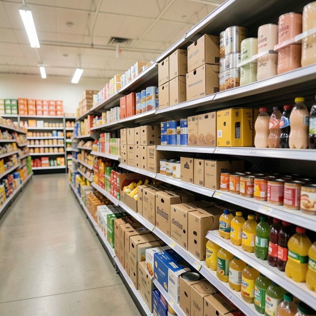 Private label packaged goods stacked on supermarket shelves