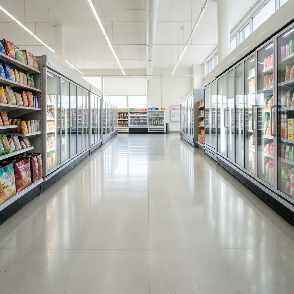 Wide supermarket aisle during quiet trading hours