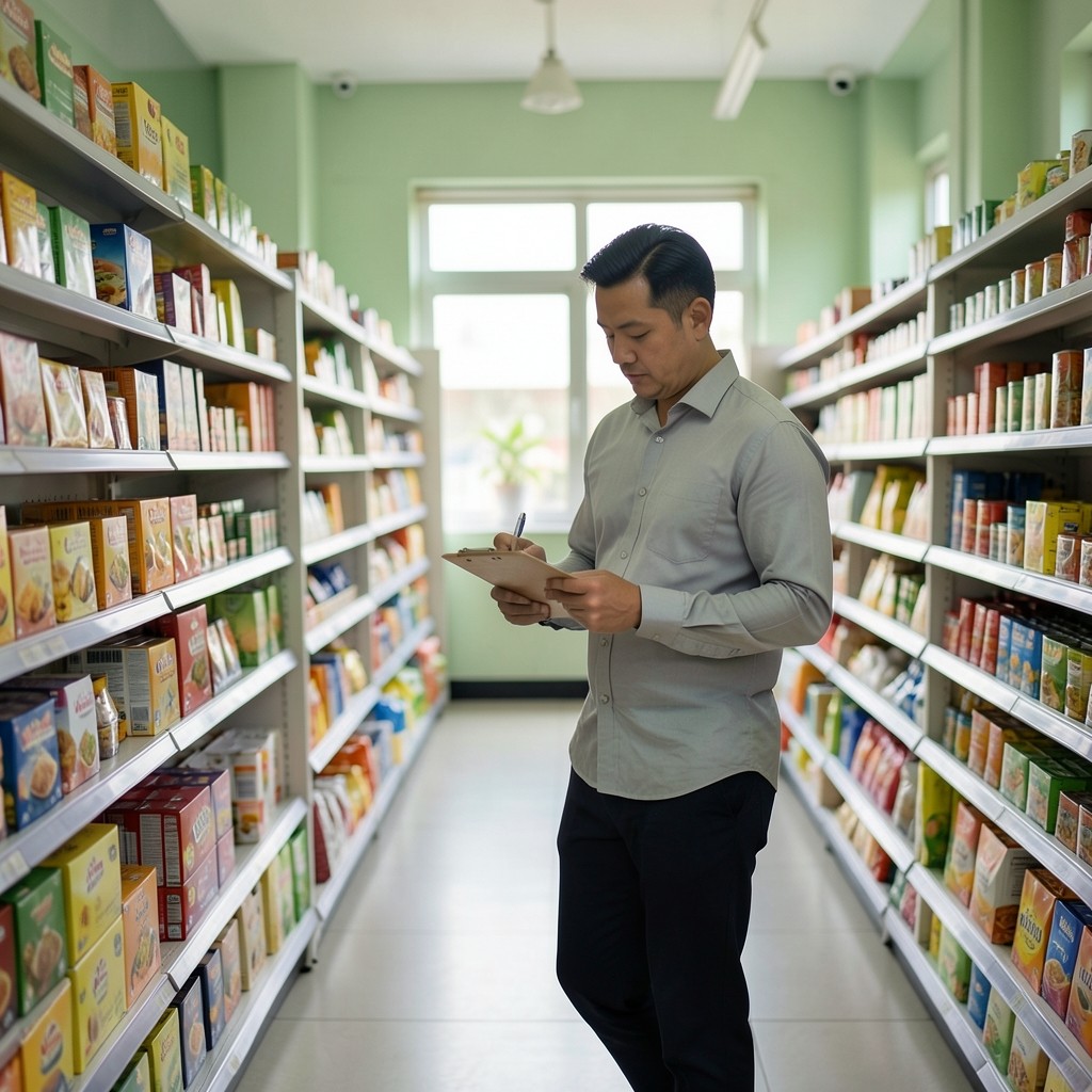Advisor walking a supermarket aisle during a quiet mid-morning visit