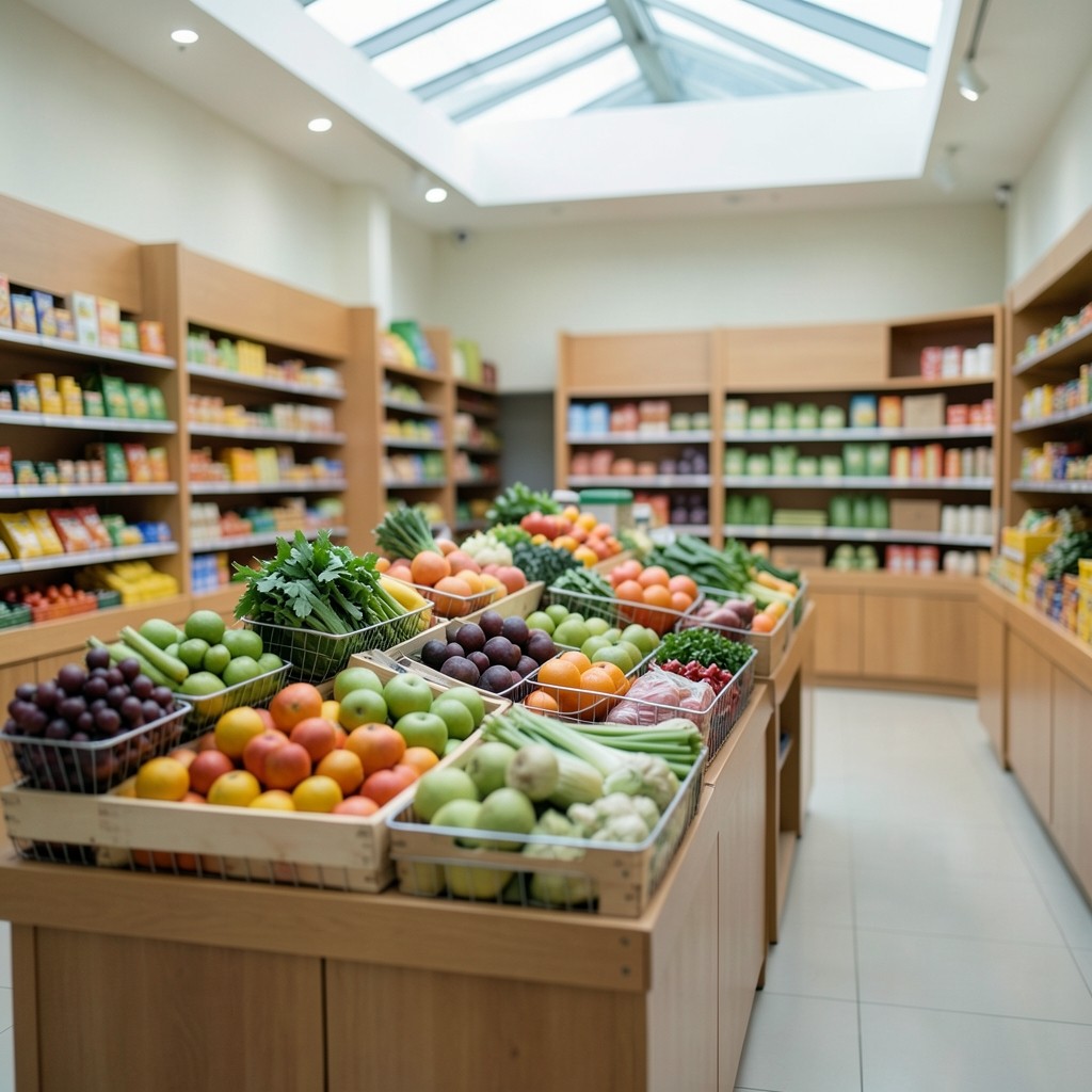 Quiet supermarket aisle with fresh produce and grocery shelves in soft daylight