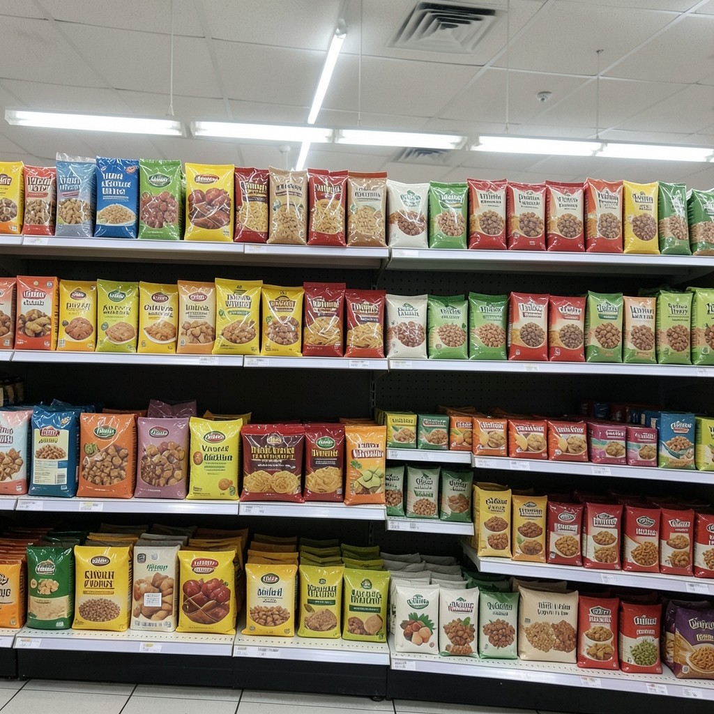 Grocery shelves with packaged goods in a supermarket aisle
