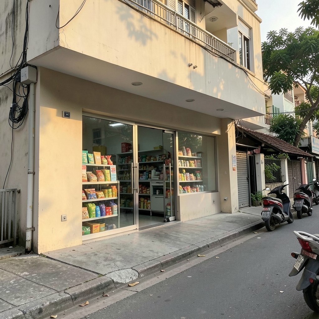 Exterior view of a neighbourhood supermarket entrance