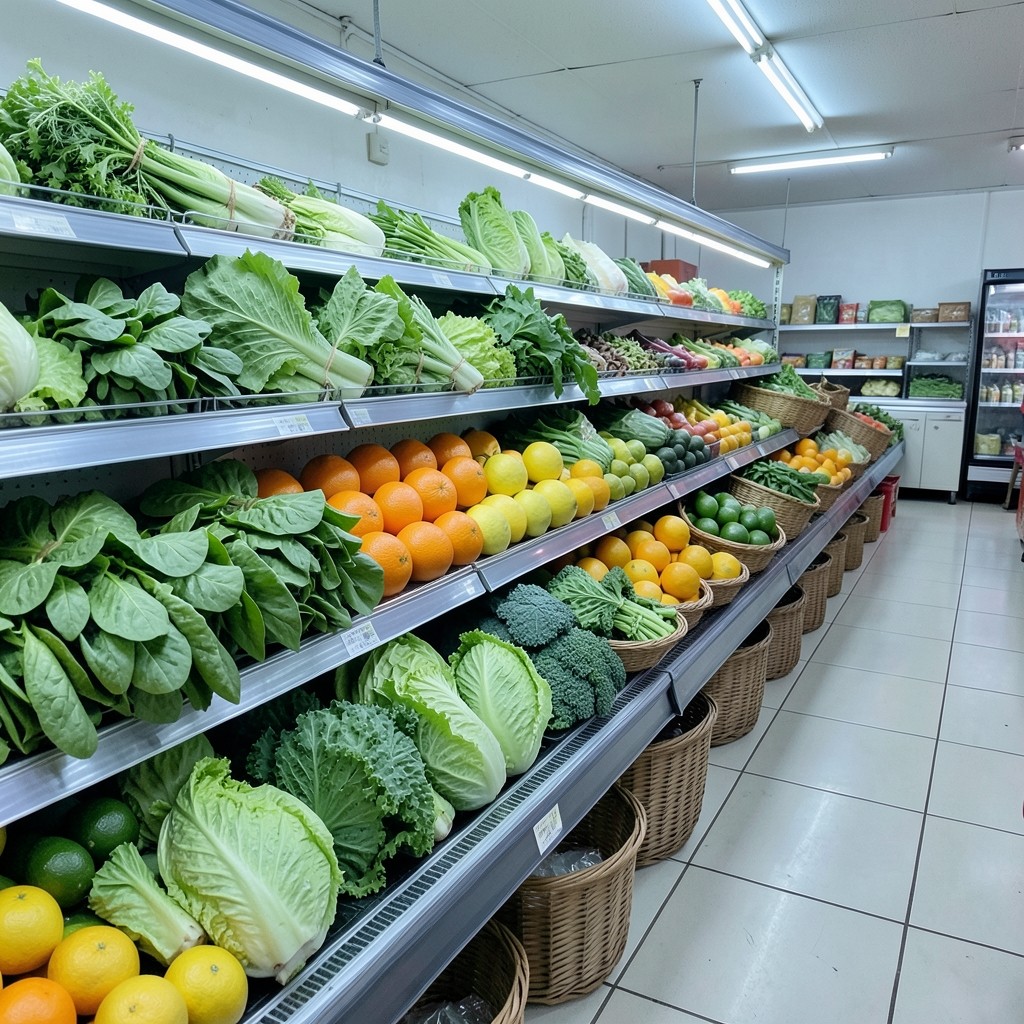 Supermarket produce aisle with carefully arranged fresh goods